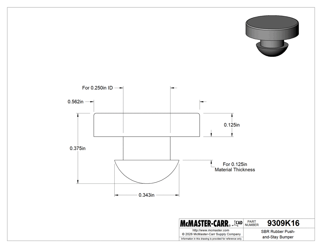 Technical Drawing of SBR Rubber Push-and-Stay Bumper, for 1/4" ID and 1/8" Thickness, 11/32" Ridge Diameter, 1/8" High.